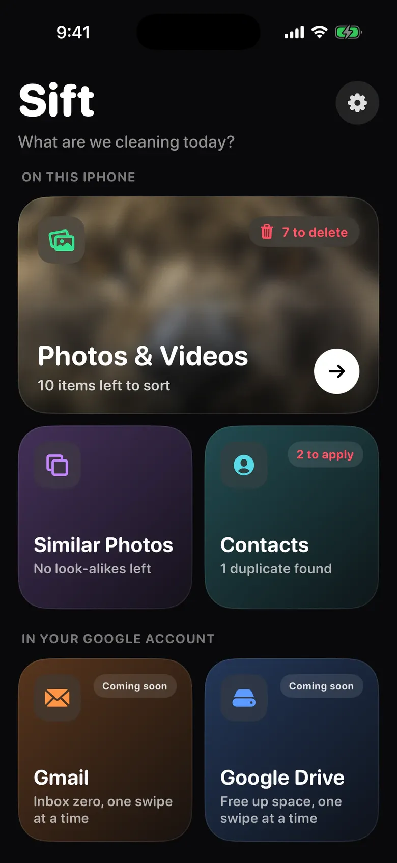 Squeak’s home screen: Photos & Videos, Similar Photos, Contacts, and Gmail and Google Drive marked Coming soon